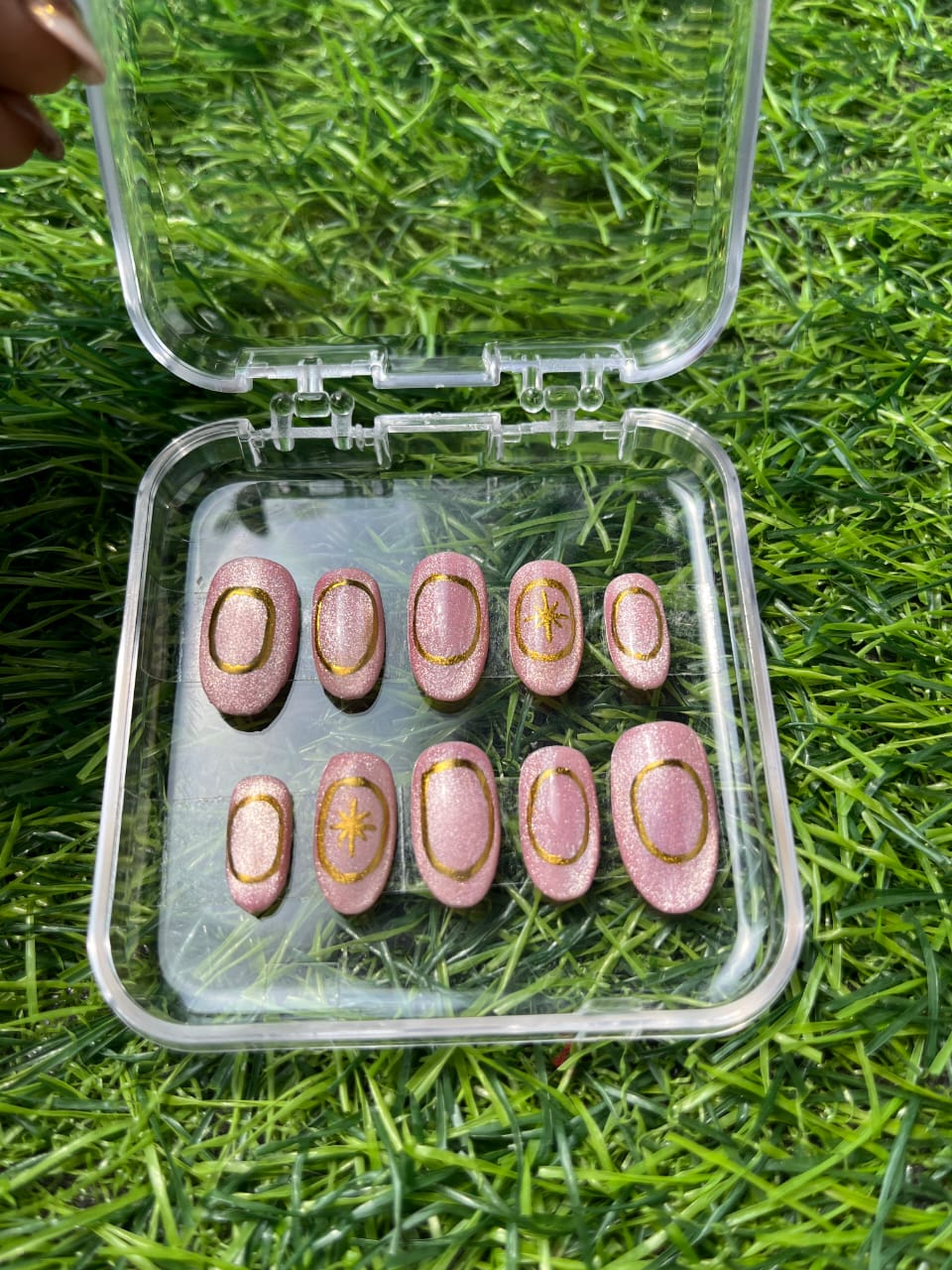 Pink Cate Eye With Chrome Press On Nail Set