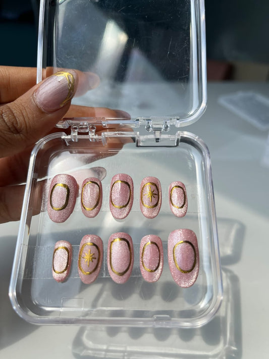 Pink Cate Eye With Chrome Press On Nail Set