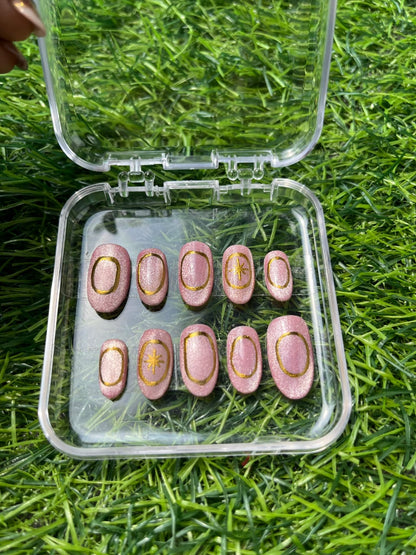 Pink Cate Eye With Chrome Press On Nail Set