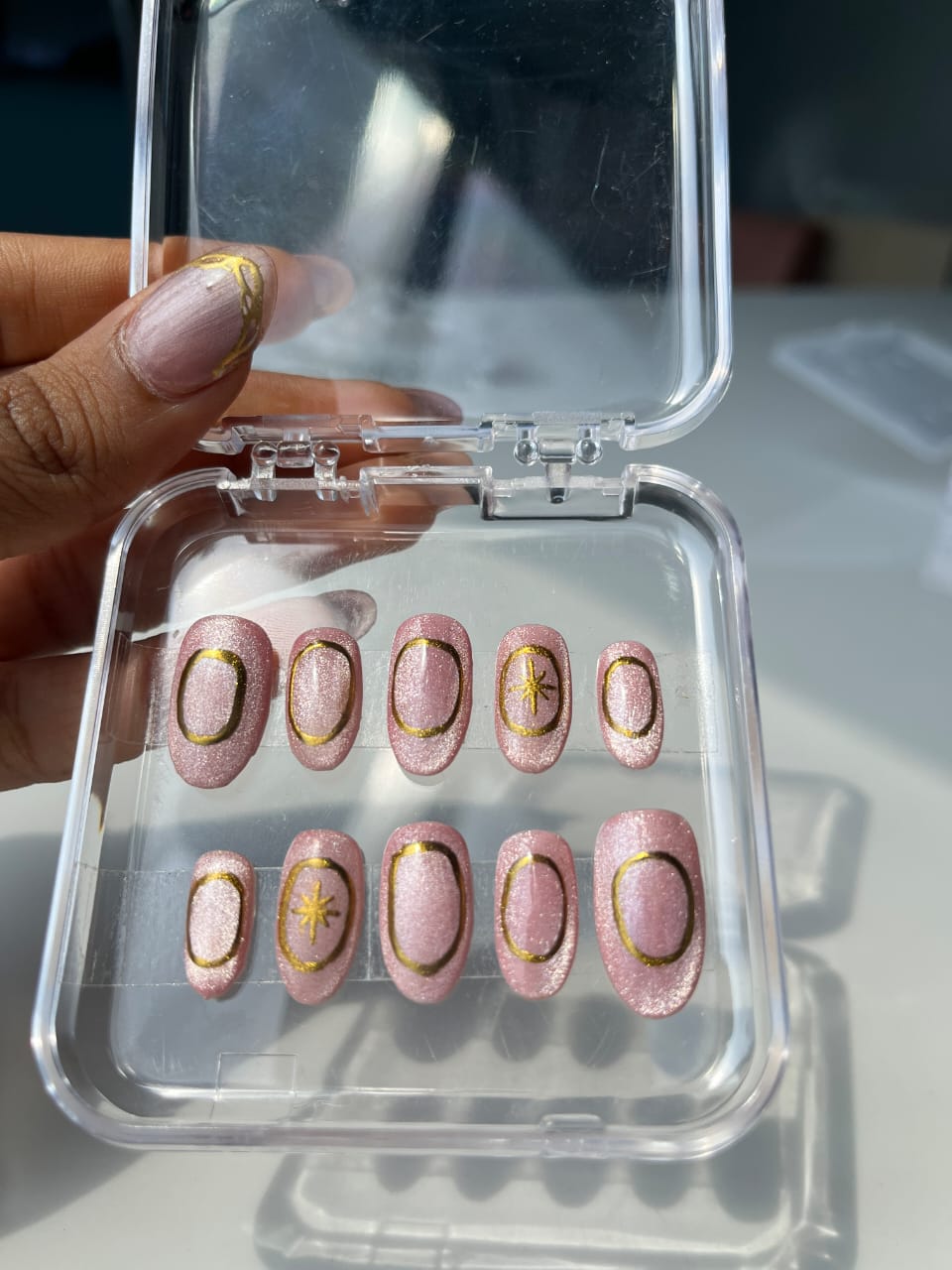 Pink Cate Eye With Chrome Press On Nail Set