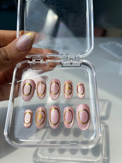 Pink Cate Eye With Chrome Press On Nail Set