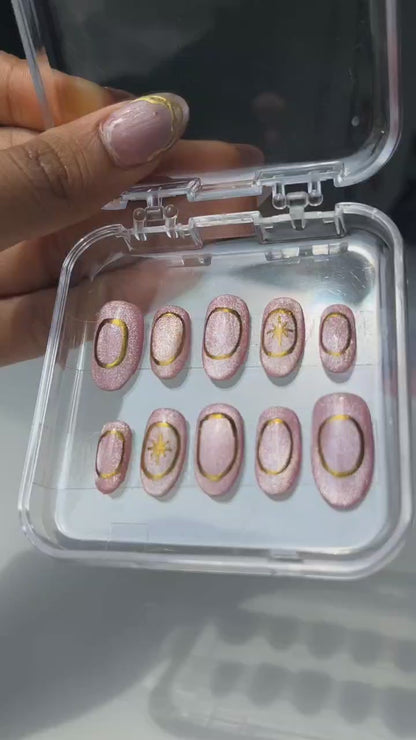Pink Cate Eye With Chrome Press On Nail Set